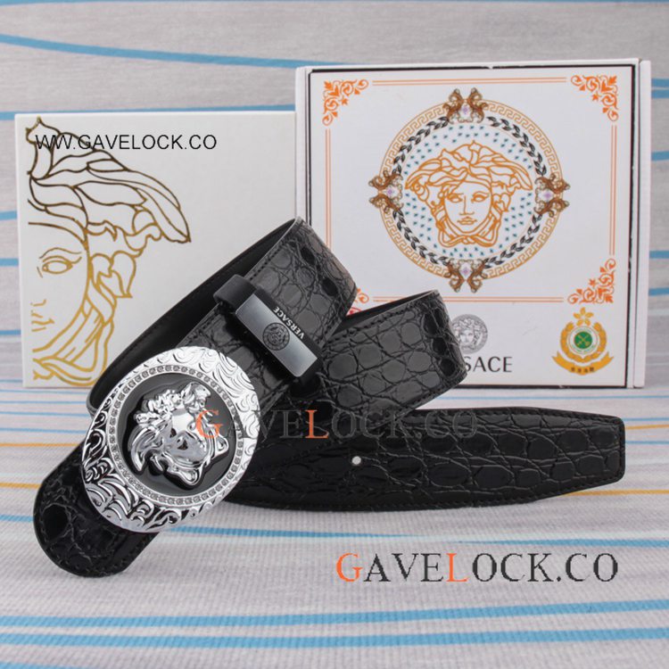 AAA Replica Versace Silver head Calfskin Belt with Diamond